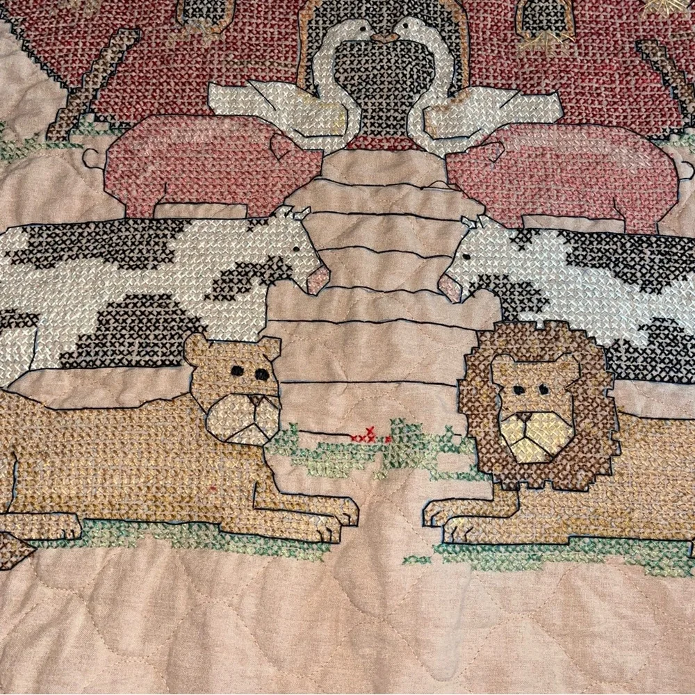 Handmade Baby Quilt Noah's Ark Cross Stitch Vintage 37”x 28” Fleece Lined.